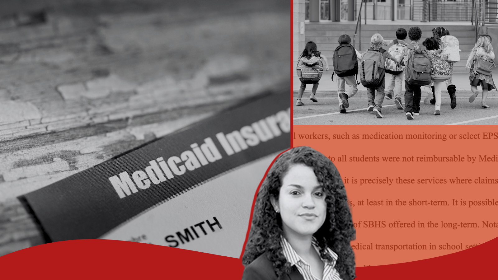Photo of Dr. Angelica Meinhofer Photos of a Medicaid card, children going to school, and Dr. Angelica Meinhofer
