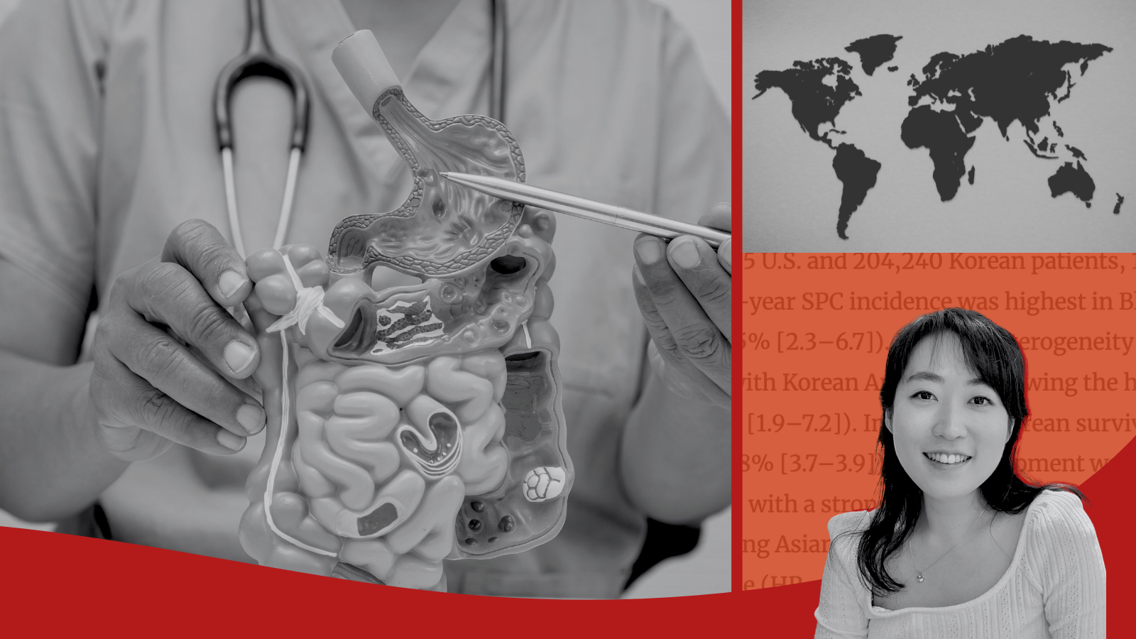 Photos of Dr. Eunji Choi, a diagram of the gastric system, and a map