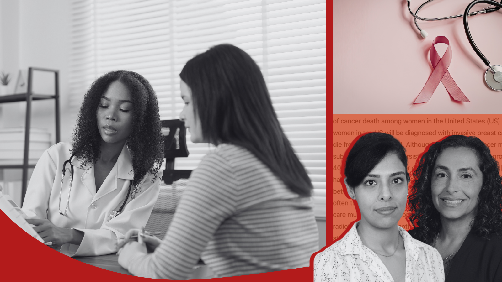 Photos of a doctor and patient, a breast cancer ribbon, Dr. Shadi Azam, and Dr. Rulla Tamimi