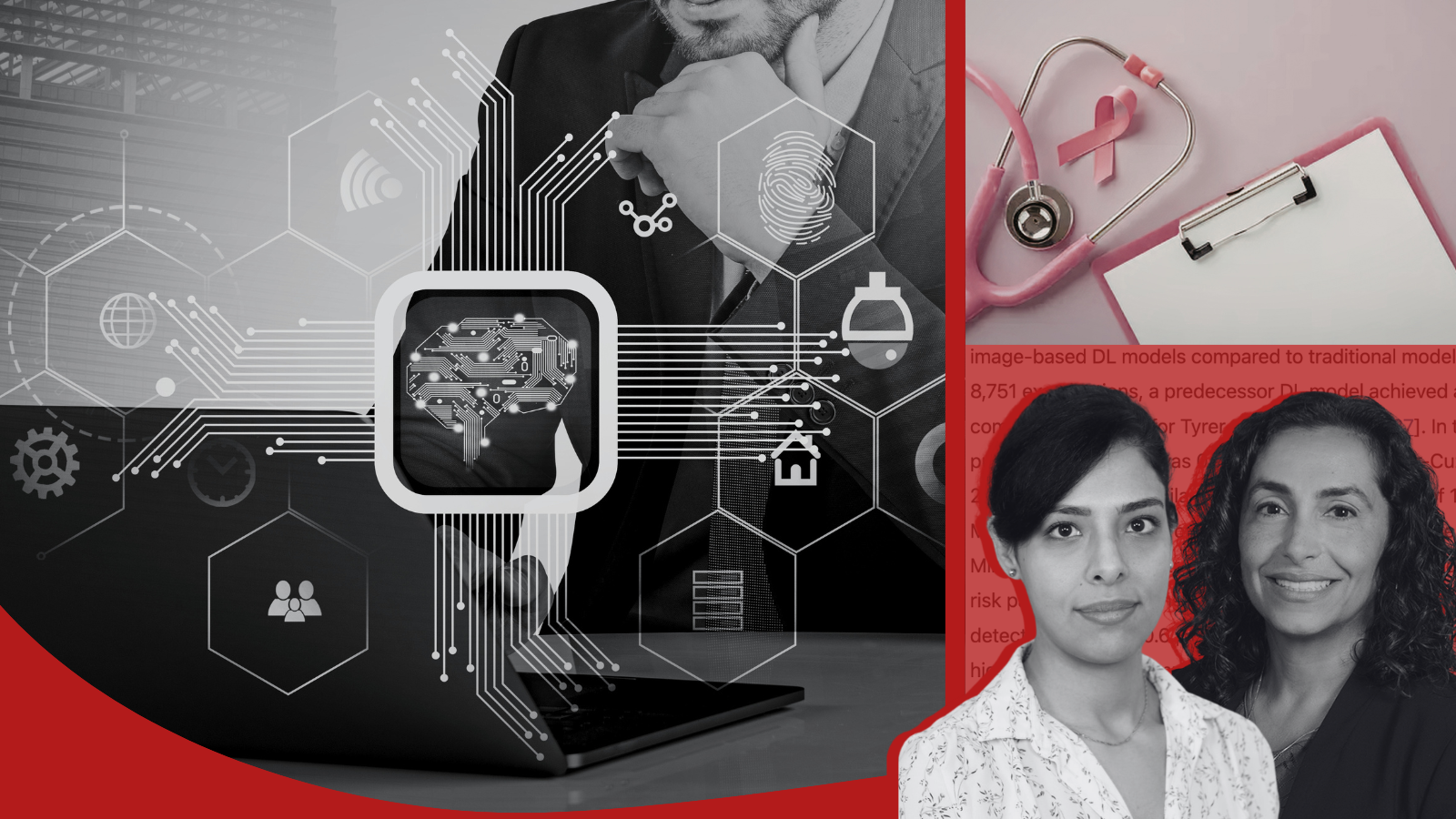 Photos of a breast cancer ribbon, Dr. Shadi Azam, and Dr. Rulla Tamimi