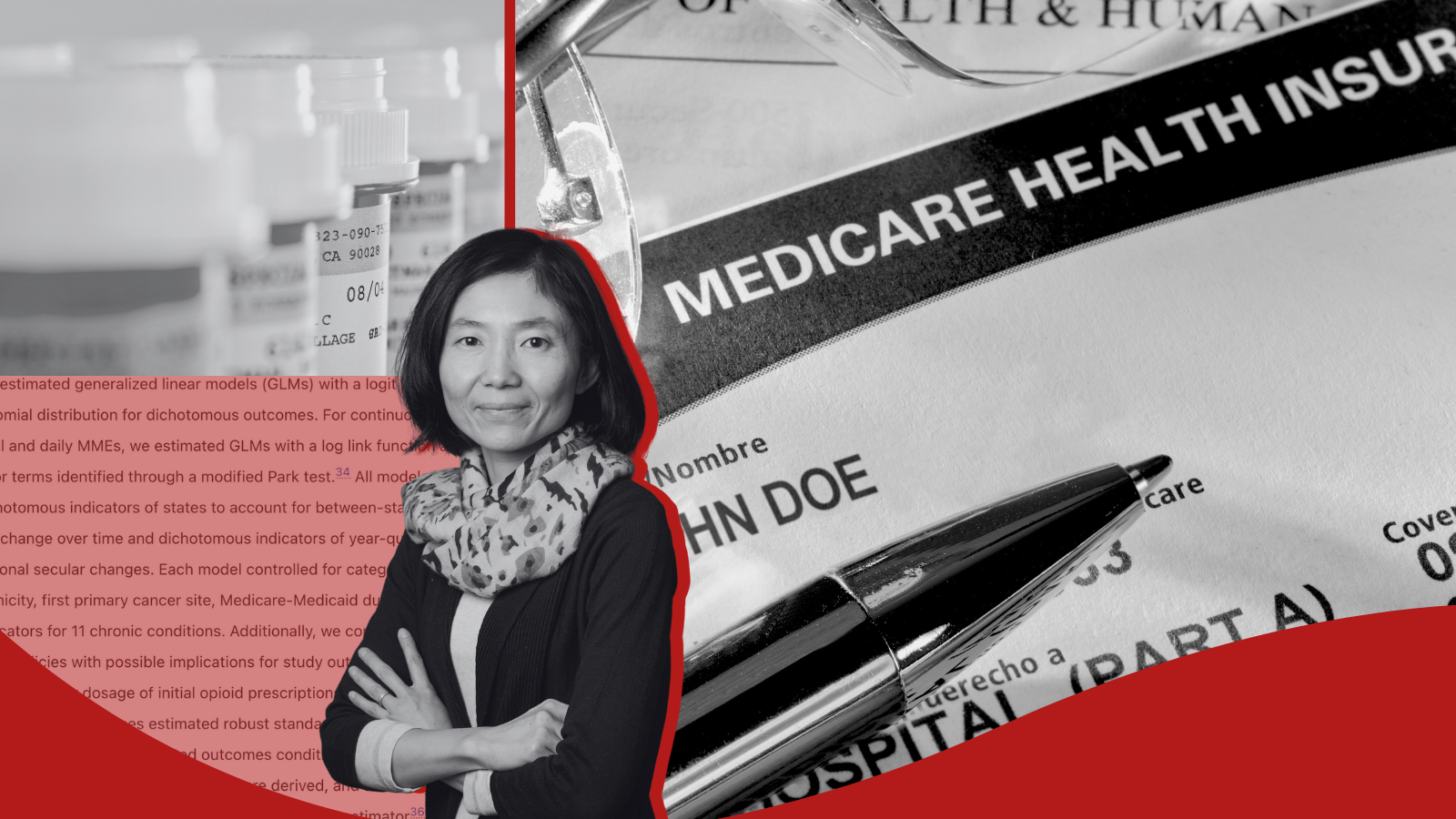 Photos of Dr. Yuhua Bao, a Medicare card, and pill bottles