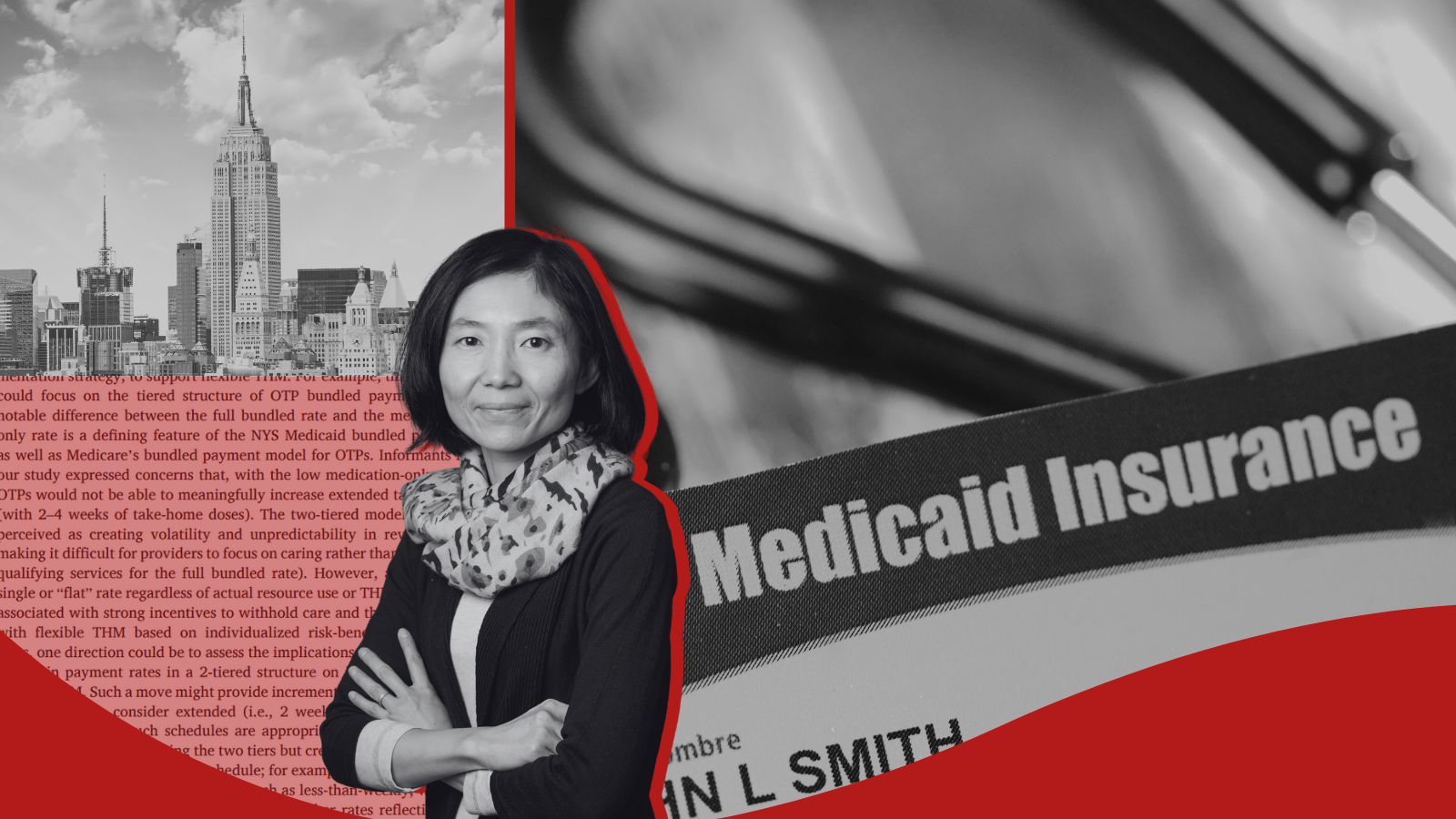 Photos of Dr. Yuhua Bao, a Medicaid card, and the NYC skyline