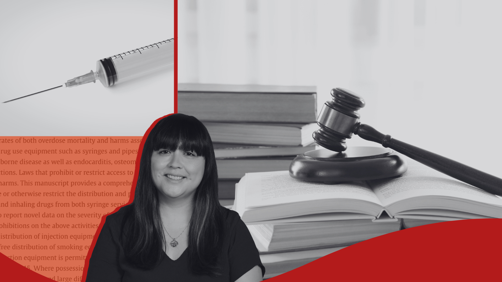 Photos of Dr. Czarina Behrends, a syringe, and a gavel