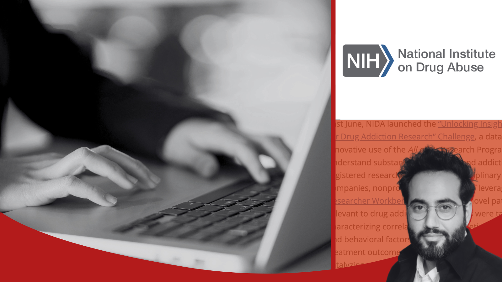 Photos of a person working on a laptop, the NIDA logo, and Dr. Ali Jalali