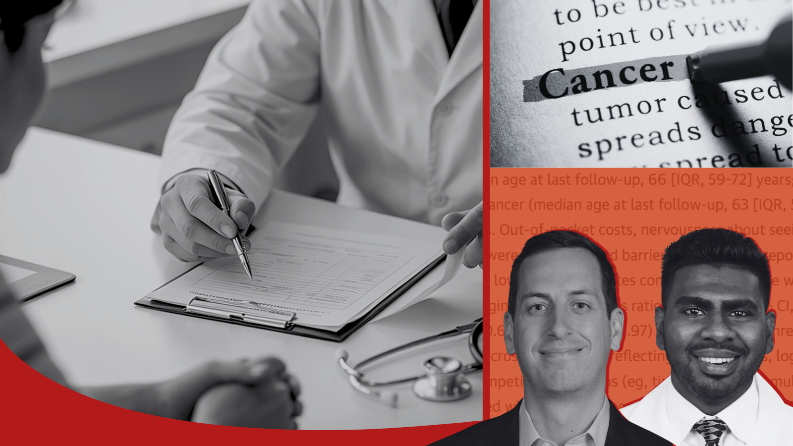 Photos of a doctor filling out a form, Dr. Kevin Kensler, and Dr. Aaron Gurayah