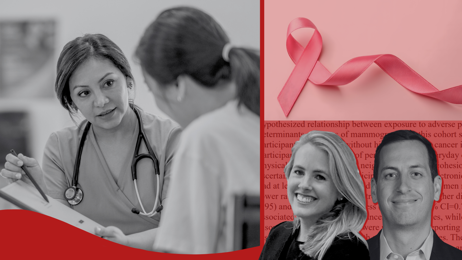 Photos of a nurse and patient, a breast cancer ribbon, Faith Morley, and Dr. Kevin Kensler
