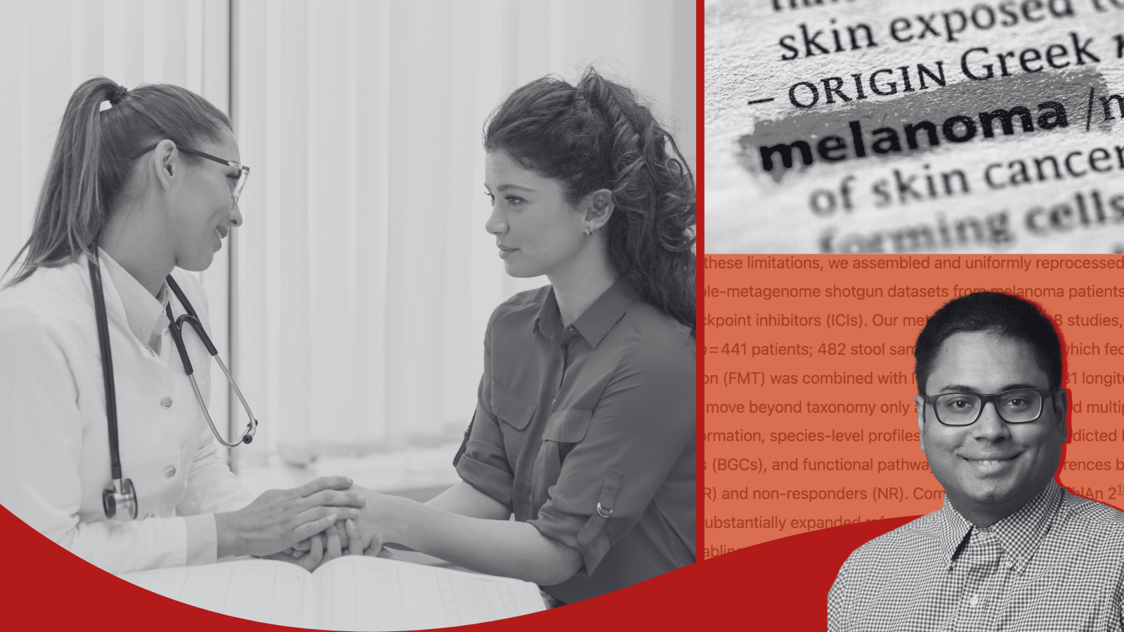 Photos of a doctor and patient, the word "melanoma," and Dr. Himel Mallick