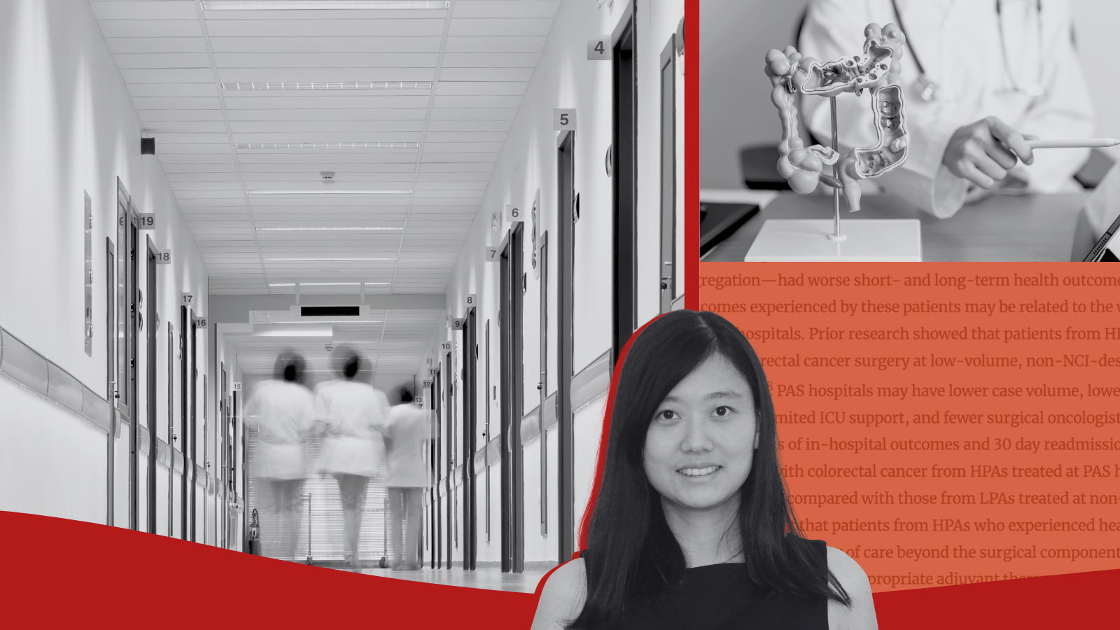 Photos of a hospital, a diagram of the digestive system, and Dr. Jialin Mao