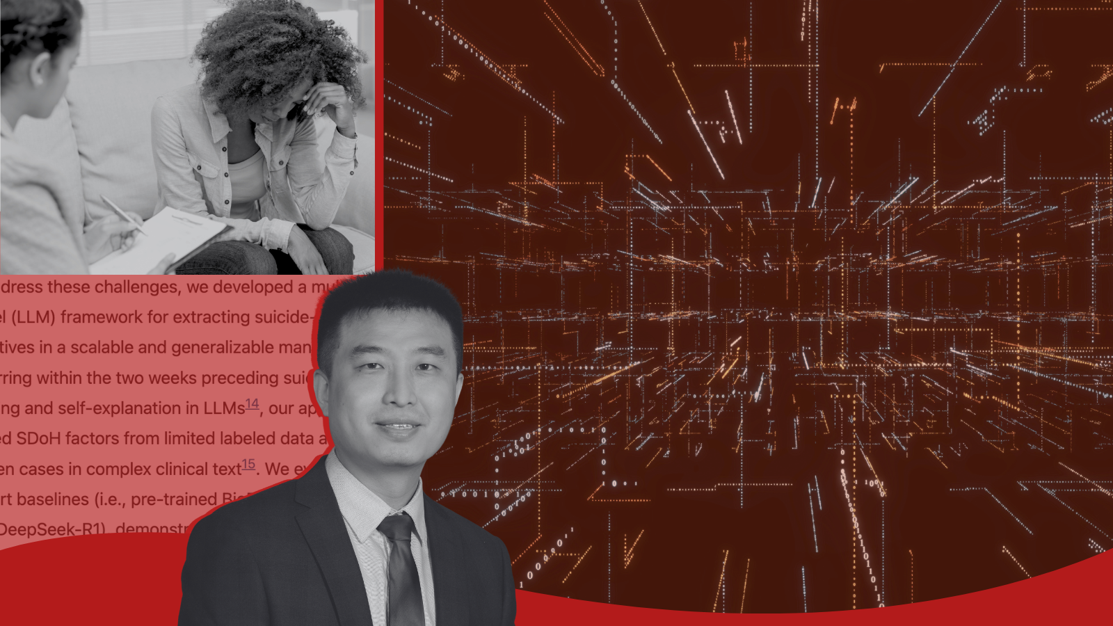 Photos of Dr. Yifan Peng, a therapist and patient, and binary codes