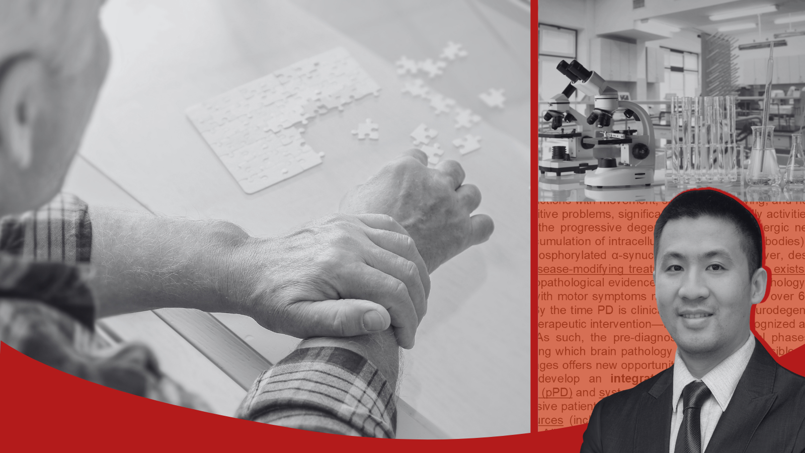 Photos of an elderly man solving a puzzle, a laboratory, and Dr. Chang Su
