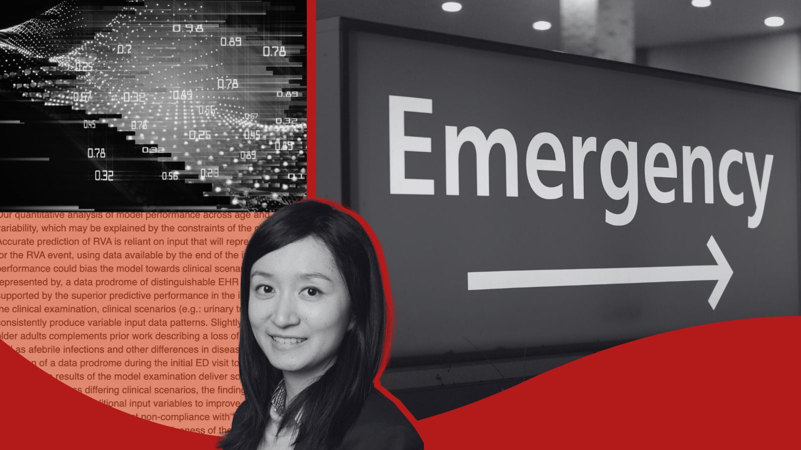 Photos of Dr. Yiye Zhang and a sign pointing to a hospital emergency room