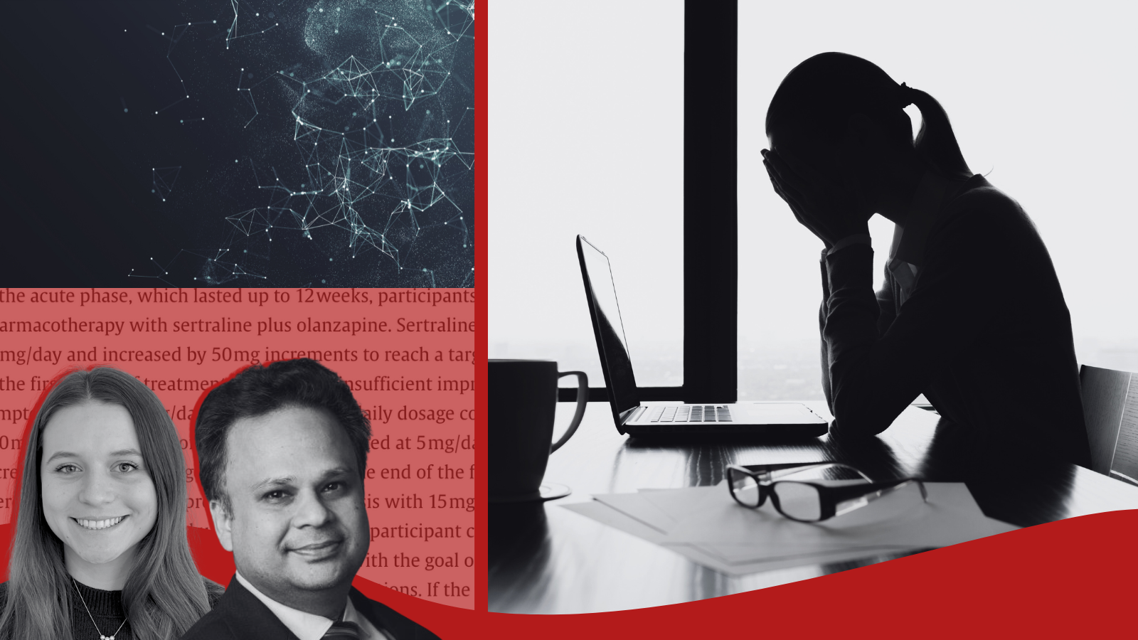 Photos of Emily Carter (left) and Dr. Samprit Banerjee Photos of Dr. Samprit Banerjee, Emily Carter, a woman with her head in her hands
