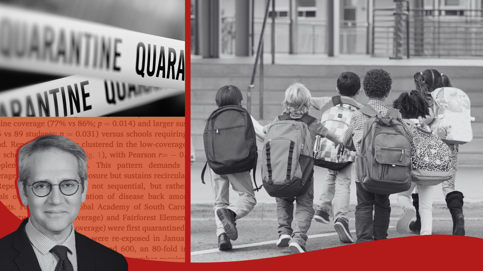 Photos of Dr. Nathaniel Hupert, a "quarantine" sign, and children going to school