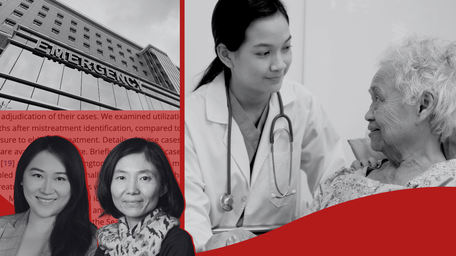 Photos of an emergency department, elderly patient, Dr. Jiani Yu, and Dr. Yuhua Bao