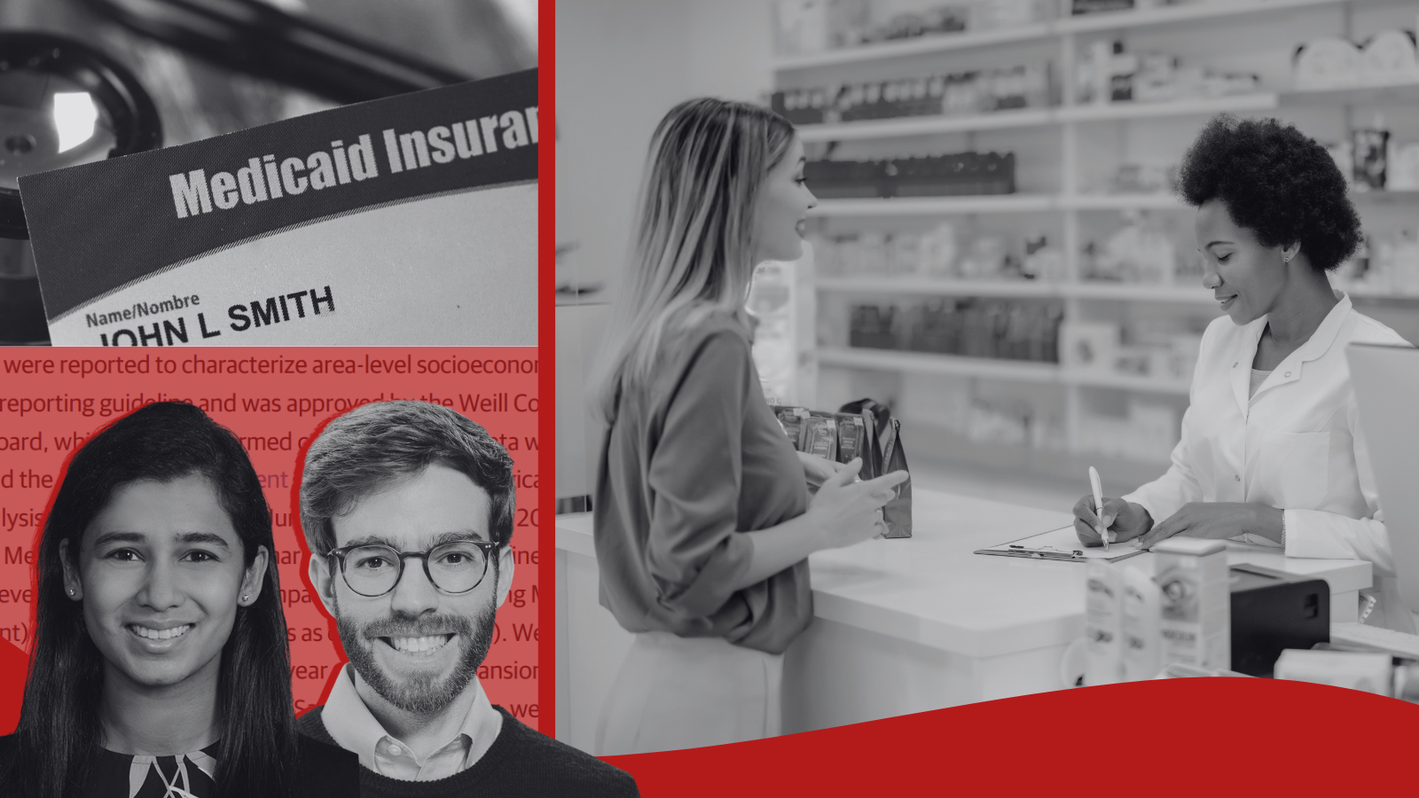 Photos of Dr. Pragya Kakani, Dr. William Schpero, a Medicaid card, and a pharmacy