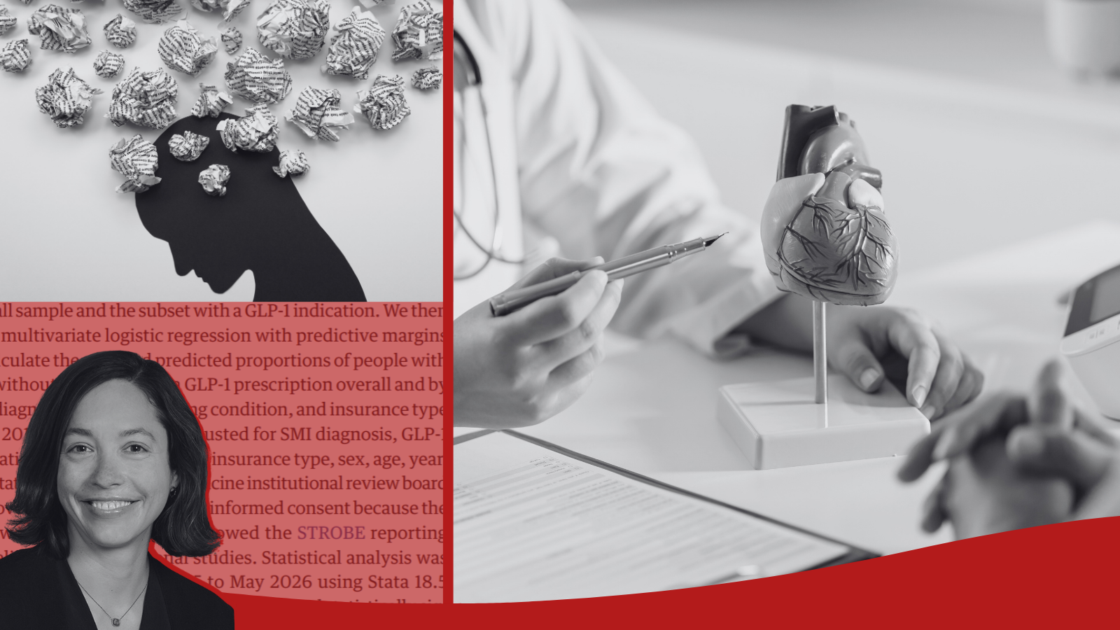 Photos of Dr. Beth McGinty, a doctor with a model of the cardiovascular systeystem, and an illustration of a person thinking