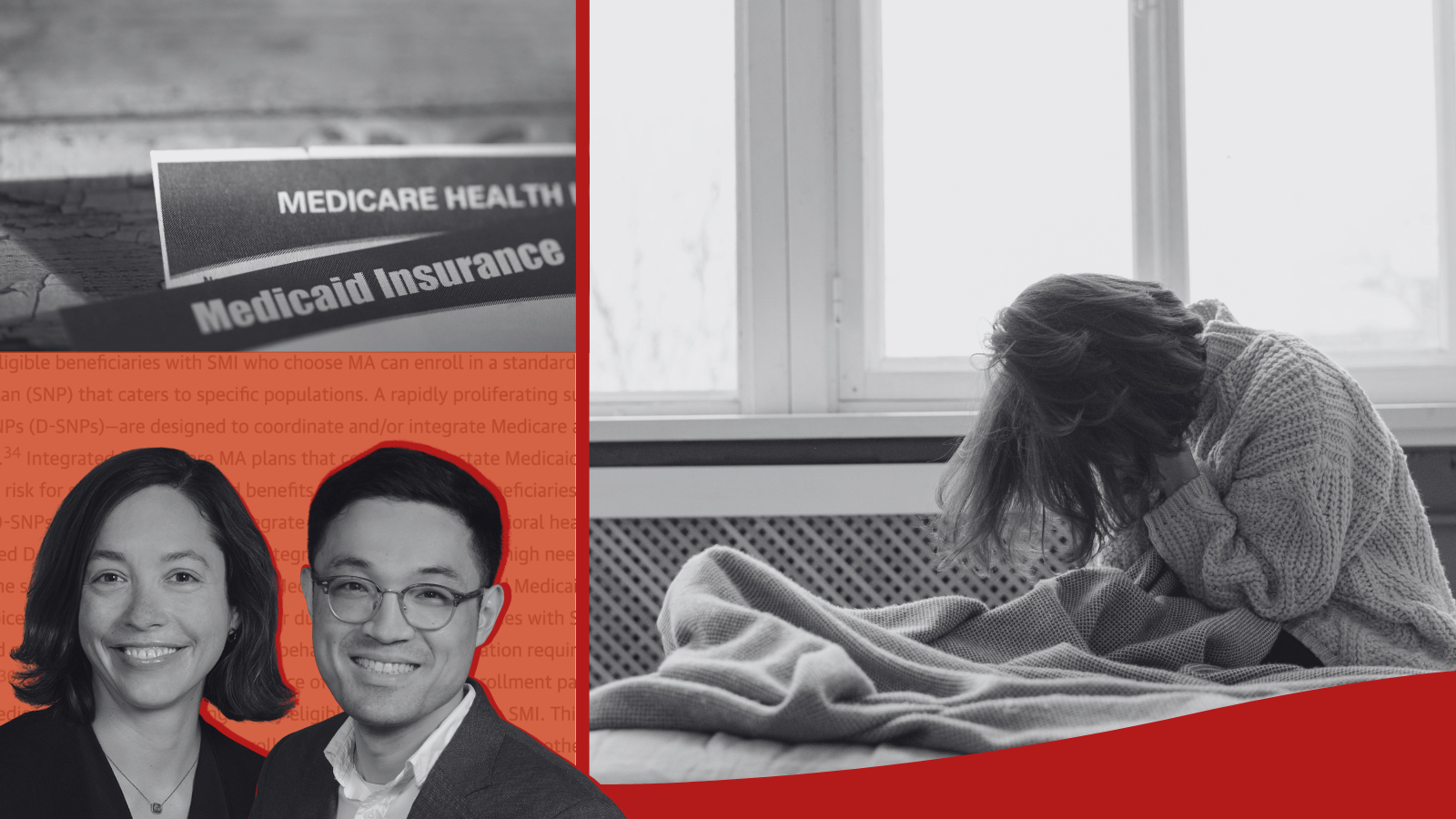 Photos of Dr. Beth McGinty, Dr. Yongkang Zhang, Medicare and Medicaid cards, and a person in distress