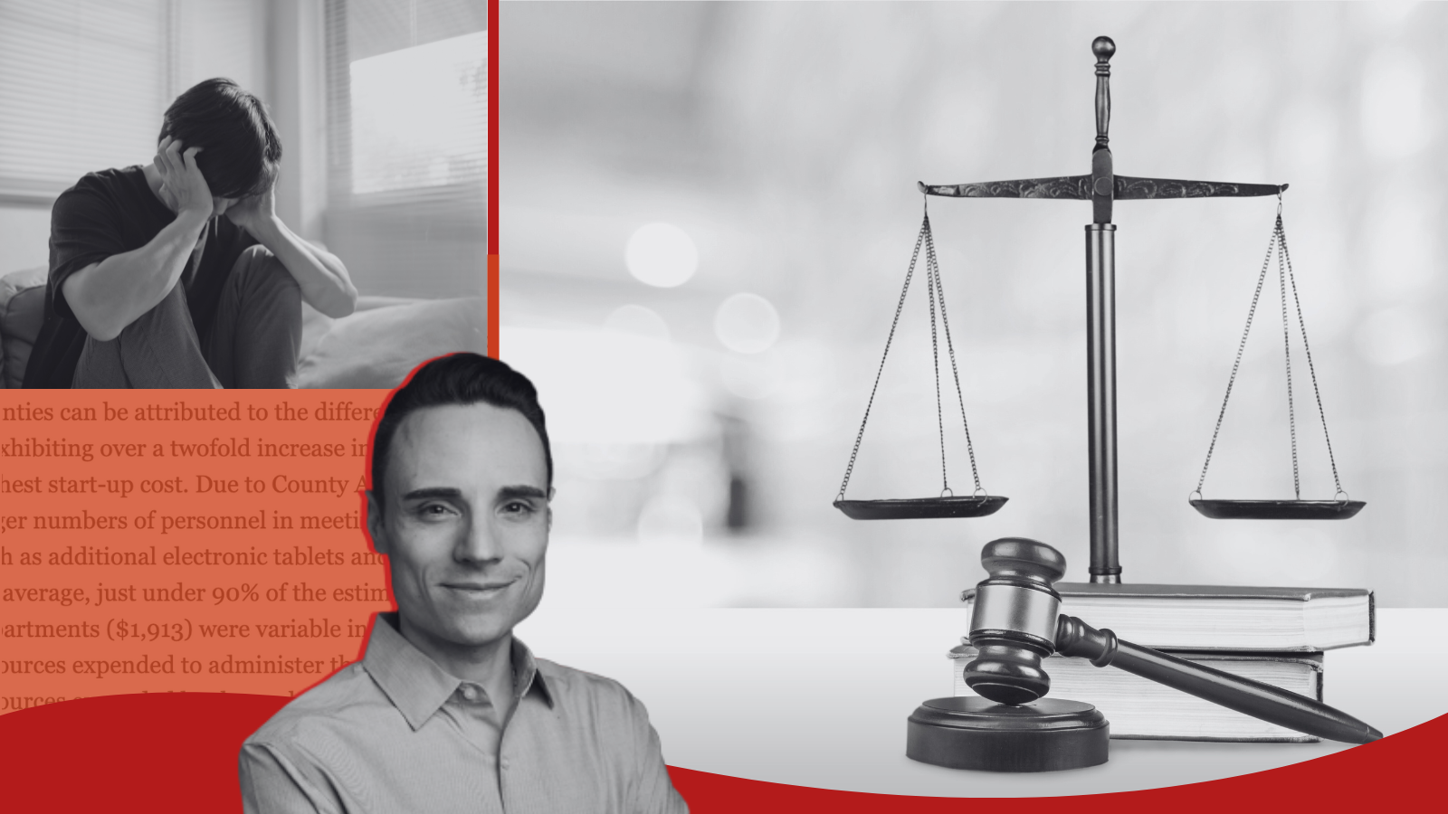 Photo of Dr. Sean Murphy Photos of a young person sitting alone, a scale and gavel, and Dr. Sean Murphy