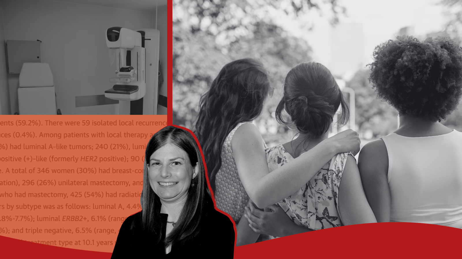 Photos of a mammography unit, young women standing together, and Dr. Shoshana Rosenberg