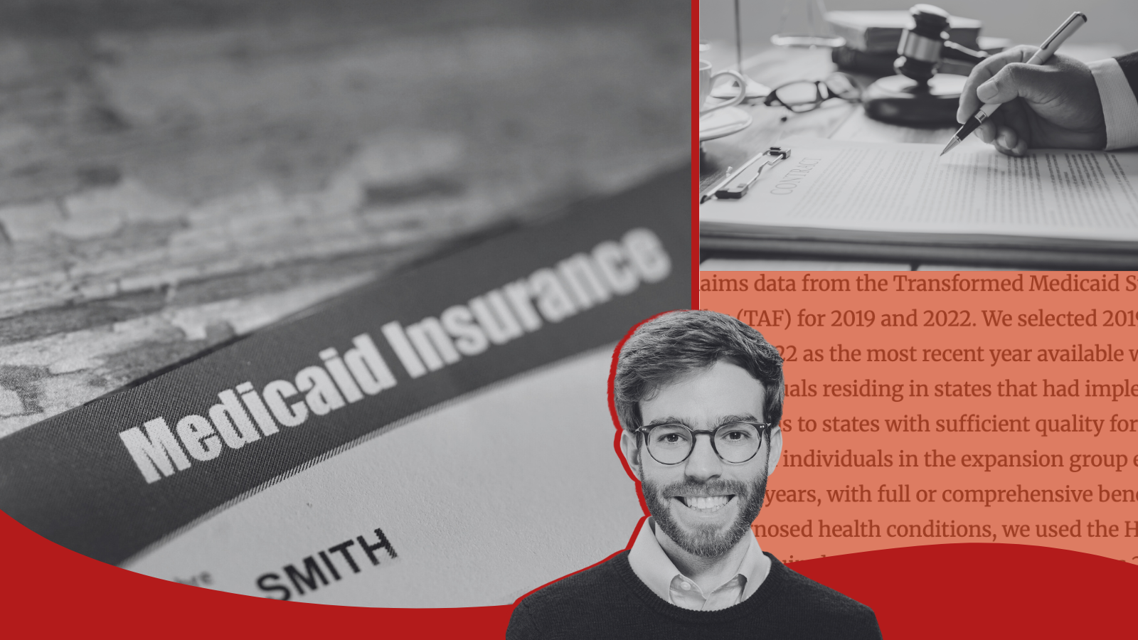 Photos of a Medicaid card, a person writing, and Dr. William Schpero