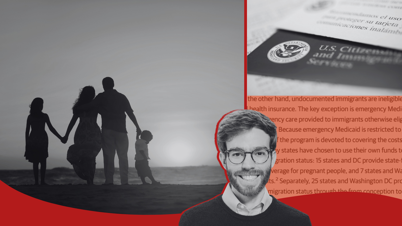 Photos of Dr. William Schpero, a family, and a USCIS form