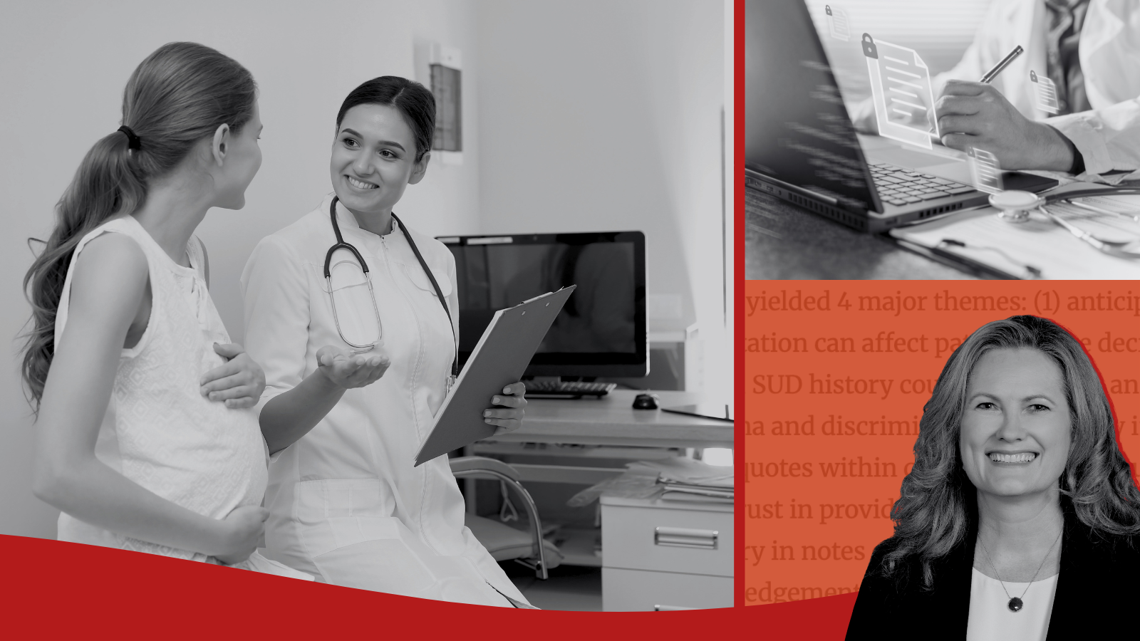 Photos of a doctor and pregnant patient, a doctor working on a laptop, and Dr. Marianne Sharko