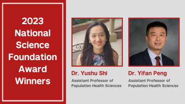 Photo announcing Dr. Yushu Shi and Dr. Yifan Peng as National Science Foundation Award Winners