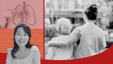 Photos of Dr. Eunji Choi, an elderly patient, and an illustration of lungs