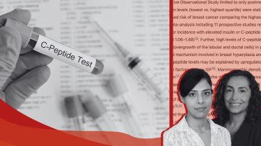 Photos of Dr. Shadi Azam, Dr. Rulla Tamimi, and a c-peptide test