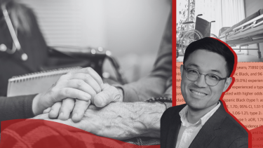 Photos of elderly patient and nurse, wheelchair, and Dr. Yongkang Zhang