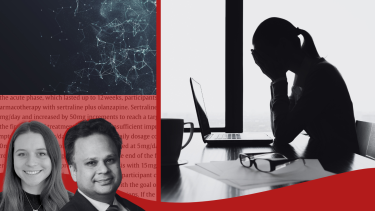 Photos of Dr. Samprit Banerjee, Emily Carter, a woman with her head in her hands