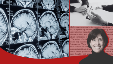 Photos of Dr. Linda Gerber, a brain scan, and an interview