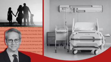 Photos of Dr. Nathaniel Hupert, a family of four, and a hospital bed