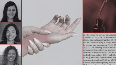 Photos of Dr. Sarah Gutkind, Dr. Beth McGinty, Dr. Kayla Tormohlen, a person holding their wrist, and CBD oil