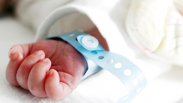 A baby's wrist with a medical bracelet.