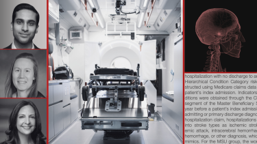 Photos of Dr. Dhruv Khullar, Dr. Amelia Bond, Dr. Rainu Kaushal, a mobile stroke unit, and a computer tomography scan