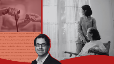 Photos of Dr. Mark Unruh, a person holding a cane, and an elderly person with a nurse