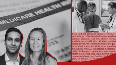 Photos of Dr. Dhruv Khullar, Dr. Amelia Bond, a Medicare card, and a group of physicians